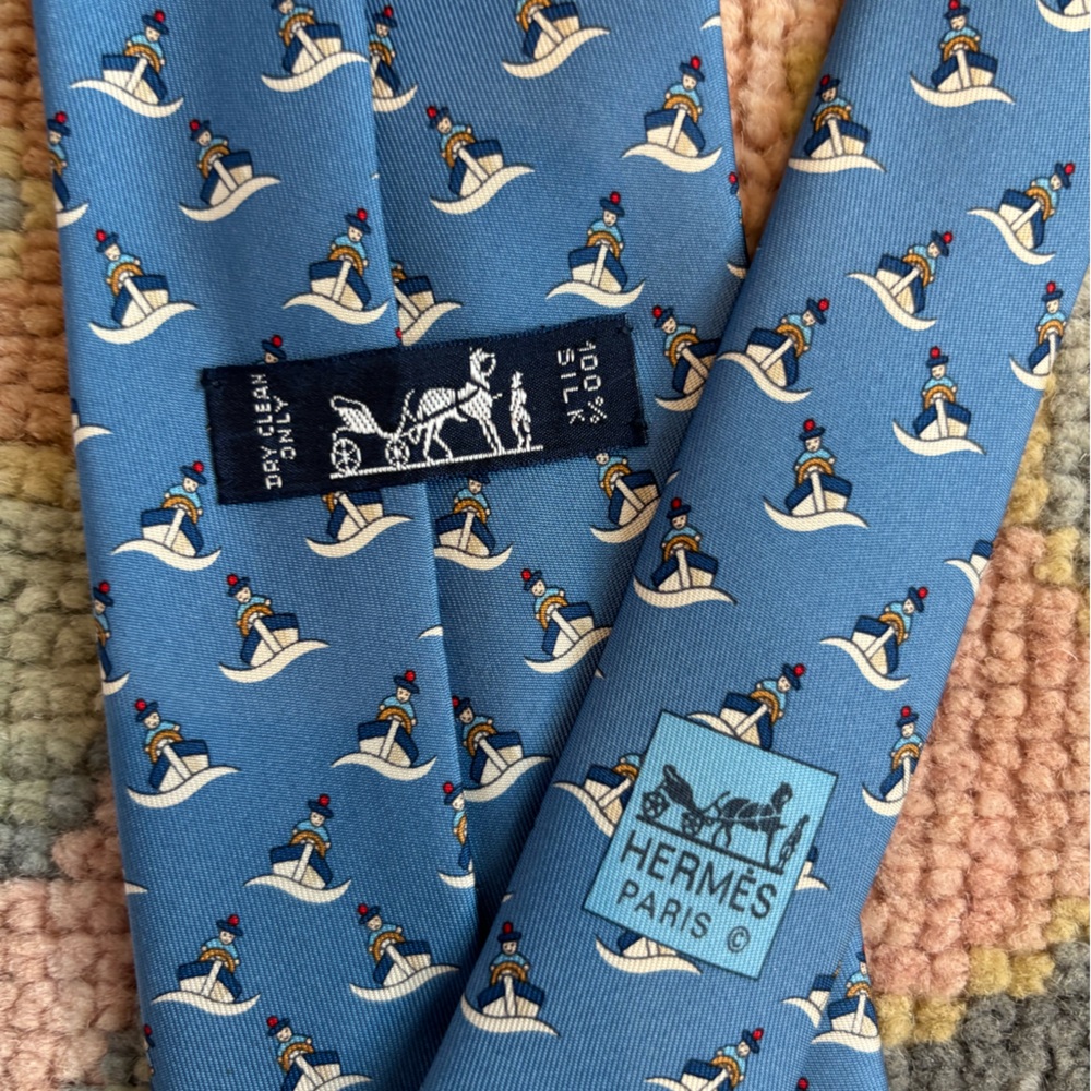 Silk Hermes tie. Blue nautical pattern. 3.75 inch.